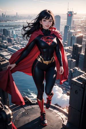 beautiful 25 year old woman, hazel eyes, She has a body of a fitness model, large breasts, black hair, bangs, smiling, hourglass body shape, slim waist, full-body_portrait, supergirl, long red cape, levitating, sky, zero gravity, above city, view from above looking down, depth_of_field