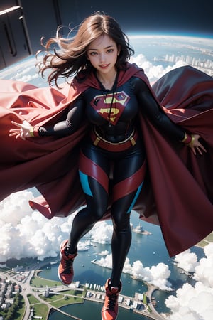 beautiful 25 year old woman, hazel eyes, She has a body of a fitness model, large breasts, black hair, bangs, smiling, hourglass body shape, slim waist, full-body_portrait, supergirl, long red cape, levitating, sky, zero gravity, above city, view from above looking down, depth_of_field