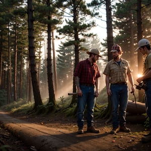 lumberjacks, working at night in the forest.