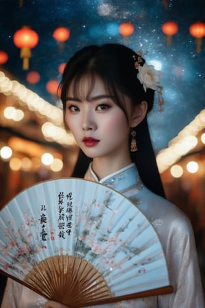 professional photography by Alessio Albi,Chinese girl, traditional cheongsam with peony pattern, delicate Chinese circular fan, silk fan surface, long bamboo fan handle body, very detailed details of the girl's face, holding a circular fan, long bamboo fan handle, Chinese calligraphy characters written on the fan surface, in a starry night environment with nearby lights suggesting the holiday season. Highly detailed, cinematic lighting, 8K resolution.