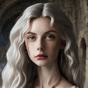 young woman, pale skin, freckled skin, oval faceshape, long face, small lips, almond eyeshape, blue eyes, long nose, narrow nose, petite body, arched eyebrows, rbcc, ((platinum white hair)), medieval movie screenshot, woman, pale skin, wavy platinum blonde hair, very long hair up to waist, v-neck, medieval fitted red dress, white fine intricate embroidery around the neckline, elbow length outer sleeves, long flowy kimono sleeves, golden necklace and earrings, early medieval inspired, castle corridor background, looking at the camera arrogantly