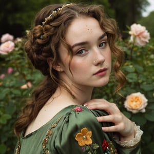 woman in her 20s, (Kaitlyn Dever:0.7), (Natalie Dormer:0.2), strong jawline, small jaw, full cheeks, rosy cheeks, freckles all over body and face, pale freckled skin, big eyes, round eyes, big lashed, blue eyes, thin eyebrows, very light brown hair, curly hair, big forehead, round forehead, small lips, soft smile, full lower lip, small nose, petite face, a medieval woman with freckled pale skin and curly very light brown hair clipped in the back and laying on her shoulder gracefully, wearing green silken italian renaissance dress with scoop neckline, (neckline embroidered with gemstones) and colorful wildflowers embroidery, standing in a rose garden, looking at the camera, small golden rose headband