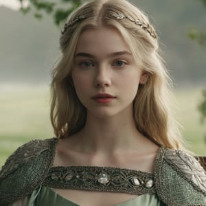 young woman, 16 years old, light blonde hair, pale skin, long nose, slightly bulbous nose, narrow lips, full lips. small eyes, brown_eyes, soft eyebrows, lightly colored eyebrows, ethereal vibe, heart-shaped face, petite features, (anya taylor-joy:0.6), (clemence posey:0.8), 
medieval movie screenshot, 16 years old girl, pale skin, light blonde hair, is sitting on a medieval chair, silken cape with silver shoulder pads, medieval light green dress, wide round neck ornamented with silver, triangular neck, elbow length outer sleeves, long loose chiffon inner sleeves, waistline is ornamented with silver, Vikings TV series inspired, background is a pastoral garden