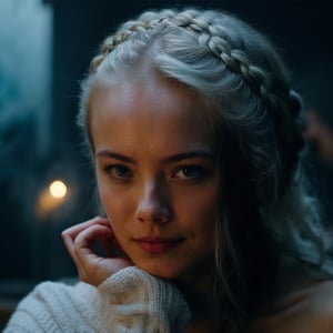 young woman, pale skin, sunken cheeks, high cheekbones, prominent cheebones, small lose, wide nostrils, wide-set eyes, blue eyes, small eyebrows, thin eyebrows, wide forehead, platinum white hair, medieval movie screenshot, woman with white hair braided on top of her head, wearing baby square-neck dress with white knitted shawl resting on her shoulders, sitting by the table with all-knowing ((smirk)), nightime, the athmosphere of mysticims