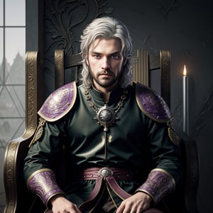 (dark and unsaturated colors:1) (artwork), (masterpiece), (detailed eyes), (male face), (shading), (extremely detailed CG 8k unity wallpaper), (wit studio indirect lighting), (amazing drawn illustration), (best illustrative performance), (full body portrait), (game of thrones), (fantasy), (white platinum hair) (dark red medieval armor) (emperor's crown) (pseudo medieval) young male with (purple eye)s is sitting on a massive throne looking coldly at the camera,marb1e4rmor,Gold