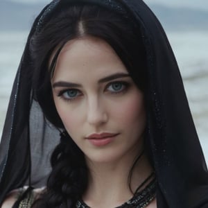 young woman, very pale white skin, raven black hair, foxy eyes, black eye color, prominent natural eyebrows, curved eyebrows, sharp jawline, high cheekbones, short nose, small nose, narrow lips, full lips, exceptionally beautiful, mystic vibe and aura, statuesque, EvaGreen,KatieMcgrath, natural makeup, kohl on eyes, medieval movie screenshot, woman, skin as pale as snow, raven black hair braided up to waist, wearing black dress inspired after middle eastern historical dresses, black scarf covering head, long arabic-inspired necklace and hair accessory, mystic vibe, looking at the camera