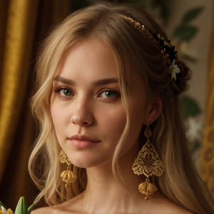 ((ultraquility, detailed face, detailed eyes, detailed skin, textured skin)), (1woman in her 30), medieval, (long_face, snub nose, pug nose, chin dimple, small chin, deep-set eyes, straight eyebrows, thin eyebrows, small ears, full round cheeks:1.2), (golden blonde hair), (green_eyes), (pouty lips:1.2), (pale skin), looking at the camera, (Tom Felton:0.4), (Anne Hathaway:0.4), (Holliday Grainger:0.6),  teardrop golden earrings, v-neck, silken green inner-dress , medieval red outer-dress with prominent golden embroidery on edges and subtle damasks-like pattern, yellow curtains on the background, holding bouquet of white lilies, blonde hair adorned with small golden head accessory with black gemstones, looking at the camera