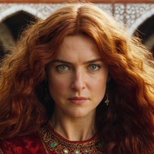 ((green eyes)), 30 year old woman circlurar face, chin dimple, flared nostrils nose, almond eyes, squinted eyes, thin eyebrows, high cheekbones, hollow cheekbones, fiery red hair, (young Jennifer Connelly:0.3), (Vanessa Kirby:0.5), medieval movie screenshot, very long hair, hair past waist, fiery red hair, very curly hair, red velvet  fabric loose wide round inner dress with gold embroidery on edge of neckline, colorful royal medieval white outer sleeveless cloak, moroccan golden necklace, moroccan fashion inspired, byzantium inspired, early medieval inspired, standing in the byzantine inspired terrace, (looking angry at the camera)