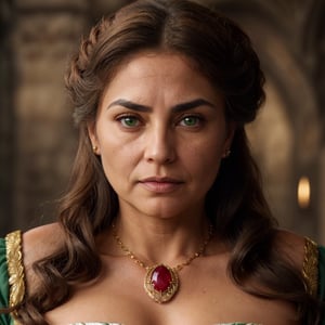 ((woman, 40 years old)), (wrinkles, tanned skin), ((oval face, prominent chin)), ((high arched brows)), ((almond-shaped eyes, green eyes)), ((plump body figure)), ((brown hair with gray streaks)), hispanic, medieval movie screenshot, woman in her 40s, plump, wearing emerald green dress, triangular neckline, embroidered with white feathers-like pattern, neckline is embroidered with gold, golden ruby necklace, looking at the camera with stern and calculated look, holding a parchment in her hand