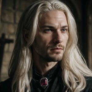 Man, ,male, pale skin, long platinum hair, big eyes, medieval movie screenshot, man in his 30s, wearing black medieval outfit with square rubies, looking to the side 