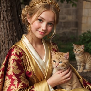 12 year old girl, a child, medieval, (full round cheeks, small deep-set eyes, rosy cheeks:1.2), (blonde hair:1.3), (green_eyes), (small lips), (pale skin), looking at the camera, (Tom Felton:0.3), (Anne Hathaway:0.6), (holliday grainger:0.7),  
medieval fantasy, 12 year old, girl, small drop golden earrings, v-neck, yellow and white inner silk dress with an all-over silk damask pattern, red and gold royal outer medieval dress with silk cloak, sitting by the tree and petting ginger kitten, looking at the camera with a smile, long blonde hair in a bun with golden headband