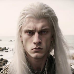 young man, pale skin,  strong jawline, big jaw, thin lips, deep-set eyes, hooded eyes, blue eyes, flared nostrils  (platinum white hair), george, medieval movie screenshot, man in his 20s, pale skin, platinum white targaryen long hair, wearing crimson medieval clothes,standing on a rocky beach