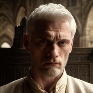 man, pale skin,  strong jawline, big jaw, thin lips, deep-set eyes, blue eyes, flared nostrils  (platinum white hair), george, medieval movie screenshot, man in his 40s, pale skin, platinum white targaryen hair cut short wearing cream-colored medieval clothes, looking at camera arrogantly,  sitting on a medieval chair