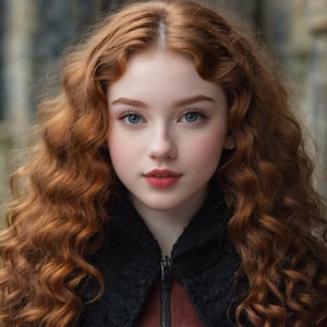 (17 year old girl), very pale white skin, thin eyebrows, short nose, snub nose:1.2), (big pouty lips:1.2), short face, round face, laughing eyes, small eyes, reddish hair color, very curly hair, (medieval)