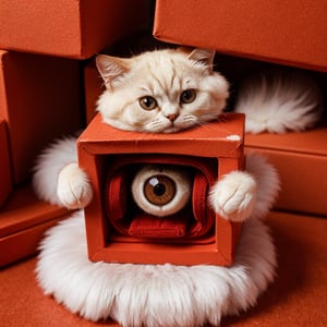 Happy fluffy red cube with eyes and tiny long hands