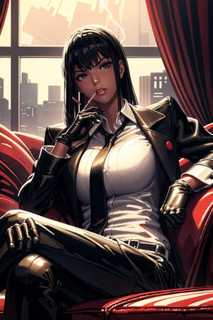 ((Masterpiece,best quality)),1girl,sitting ona luxury red couch, dressed like a professional contract killer, white shirt, black pants, black gloves, lighting a cigarette 