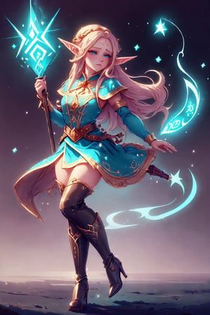 beautiful elf girl, naughty, (nice face), gracefully dancing, perfect anatomy, (holding magic staff), soft blouse, in boots with heels, fantasy, 8k, accurate details, dynamic composition, attention to details , Fantasy, rich medieval, Art by WLOP, close up, high quality, 8K Ultra HD, Charming, romantic theme,GlowingRunes_