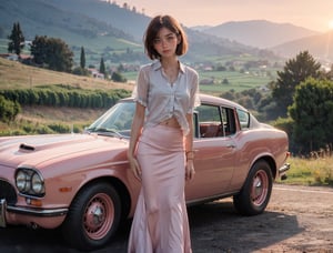 (((realistic))), (a girl stand leaning against a vintage pale-red sport car BREAK:1.6), girl focus, ((see through white frilly shirt:1.3), full body, (pink maxi satin skirt:1.3), (sweaty)), (flashing panty:1.2), 25 years old, (beautiful puffy clouds,  sunset sky), (sunset, lush autumn hillside background:1.5), (small chest, slim, thin body, puffy nipple:1.3), (photography, realistic, bokeh, blur), ((wavy short bob cut)), (cenimatic lights, soft lights:1.3)