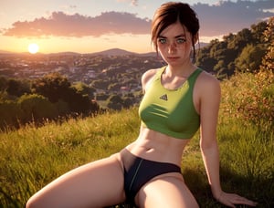 (((realism))), (((portrait of a girl, jogging, seductive pose))), ((see through sport crop top:1.3), (full body:1.3), (sport short tiny thong:1.3), (cameltoe:1.3), (sweaty)), 25 years old, (((beautiful puffy clouds, sunset sky))), (sunset, lush autumn hillside background:1.5), (small chest, slim body, skinny, puffy nipples:1.4), (photography, realistic, bokeh, blur), ((wavy bob cut)), (cenimatic lights, soft lights:1.3),Ellie tlou2