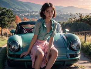 (((realistic))), (a girl sitting on hood front vintage aqua-green porsche car BREAK:1.6), girl focus, ((see through white frilly shirt:1.3), full body, (pink maxi satin skirt:1.3), (sweaty)), (flashing panty:1.2), 25 years old, (beautiful puffy clouds,  sunset sky), (sunset, lush autumn hillside background:1.5), (small chest, slim, thin body, puffy nipple:1.3), (photography, realistic, bokeh, blur), ((wavy short bob cut)), (cenimatic lights, soft lights:1.3)