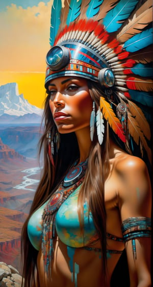 Please create a masterpiece,  stunning beauty,  light brown skin, perfect face,  Long brown hair, Light_Brown_eyes, epic love,  Slave to the machine,  full-body,  Standing_on_rocks, overlooking valley below, hyper-realistic oil painting,  vibrant colors,  native american war bonnet,  biopunk,  cyborg by Peter Gric,  Hans Ruedi Giger,  Marco Mazzoni,  dystopic,  golden light,  perfect composition,  multiple colours dripping paint,  
