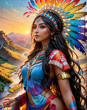 Please create a masterpiece,  stunning beauty,  femine, athletic build, dark skin, perfect face, Long black hair, Light_brown_eyes, epic love,  sultry look, Slave to the machine,  full figure, facing camera, overlooking valley below, hyper-realistic oil painting,  vibrant colors,  long flowing native american war bonnet,  golden light,  perfect composition,  multiple colours dripping paint, holding eagle in outstretched hand