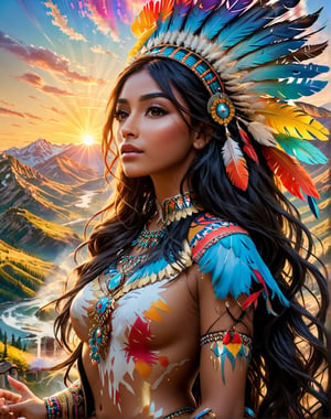 Please create a masterpiece,  stunning beauty,  femine, athletic build, dark skin, perfect face, Long black hair, Light_brown_eyes, epic love,  sultry look, Slave to the machine,  full figure, facing camera, overlooking valley below, hyper-realistic oil painting,  vibrant colors,  long flowing native american war bonnet,  golden light,  perfect composition,  multiple colours dripping paint, holding eagle in outstretched hand