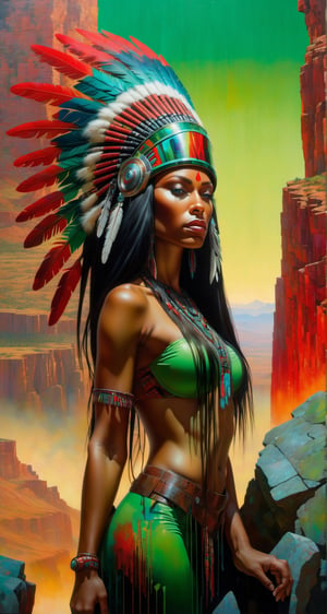 Please create a masterpiece,  stunning beauty,  African American woman, perfect face,  Long Black hair, light_brown_eyes, epic love,  Slave to the machine,  full-body,  standing on rocks overlooking valley below, hyper-realistic oil painting,  vibrant 0ranges, greens and red colors,  native american war bonnet,  biopunk,  cyborg by Peter Gric,  Hans Ruedi Giger,  Marco Mazzoni,  dystopic,  golden light,  perfect composition,  multiple colours dripping paint,  