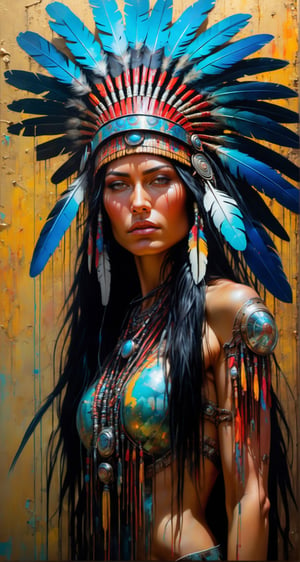 Please create a masterpiece,  stunning beauty,  angry expression, perfect face,  Long Black hair, light_brown_eyes, epic love,  Slave to the machine,  full-body,  hyper-realistic oil painting,  vibrant colors,  native american war bonnet,  biopunk,  cyborg by Peter Gric,  Hans Ruedi Giger,  Marco Mazzoni,  dystopic,  golden light,  perfect composition,  multiple colours dripping paint,  