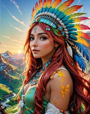 Please create a masterpiece,  stunning beauty,  femine, athletic build, tanned skin, perfect face, freckles, Long red hair, Light_green_eyes, epic love,  sultry look, Slave to the machine,  head and shoulders, facing camera, overlooking valley below, hyper-realistic oil painting,  vibrant colors,  long flowing native american war bonnet,  golden light,  perfect composition,  multiple colours dripping paint, holding eagle