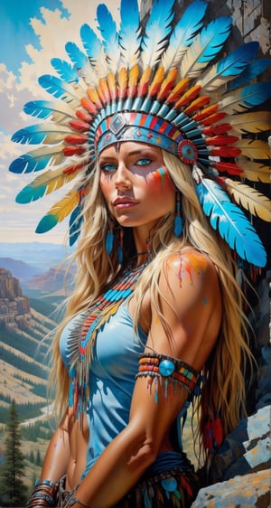 Please create a masterpiece,  stunning beauty,  athletic build, tanned skin, perfect face, freckles, Long blonde hair, Light_blue_eyes, epic love,  Slave to the machine,  full-body,  Standing_on_rocks, overlooking valley below, hyper-realistic oil painting,  vibrant colors,  long flowing native american war bonnet,  biopunk,  cyborg by Peter Gric,  Hans Ruedi Giger,  Marco Mazzoni,  dystopic,  golden light,  perfect composition,  multiple colours dripping paint,  