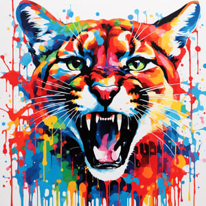 Cougar, multiple colours dripping paint, blood dripping from teeth, Colourful cat 