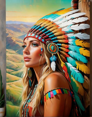 Please create a masterpiece,  stunning beauty,  femine, athletic build, tanned skin, perfect face, freckles, Long bllonde hair, Light_green_eyes, epic love,  Slave to the machine,  head and shoulders, peering over her shoulder, overlooking valley below, hyper-realistic oil painting,  vibrant colors,  long flowing native american war bonnet,  golden light,  perfect composition,  multiple colours dripping paint,  