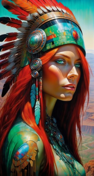 Please create a masterpiece,  stunning beauty,  perfect face,  Long red hair, green_eyes, epic love,  Slave to the machine,  full-body,  standing on rocks overlooking valley below, hyper-realistic oil painting,  vibrant colors,  native american war bonnet,  biopunk,  cyborg by Peter Gric,  Hans Ruedi Giger,  Marco Mazzoni,  dystopic,  golden light,  perfect composition,  multiple colours dripping paint,  