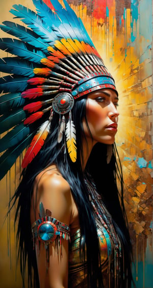 Please create a masterpiece,  stunning beauty,  angry expression, perfect face,  Long Black hair, light_brown_eyes, epic love,  Slave to the machine,  full-body,  hyper-realistic oil painting,  vibrant colors,  native american war bonnet,  biopunk,  cyborg by Peter Gric,  Hans Ruedi Giger,  Marco Mazzoni,  dystopic,  golden light,  perfect composition,  multiple colours dripping paint,  