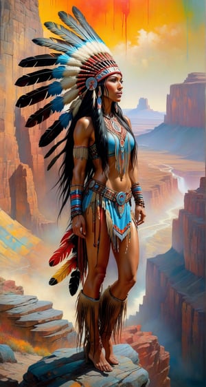 Please create a masterpiece,  stunning beauty standing beside tall muscular indin chief,  athletic build, tanned skin, perfect face, freckles, Long black hair, Light_brown_eyes, epic love,  Slave to the machine,  full-body,  Standing_on_rocks, overlooking valley below, hyper-realistic oil painting,  vibrant colors,  long flowing native american war bonnet,  biopunk,  cyborg by Peter Gric,  Hans Ruedi Giger,  Marco Mazzoni,  dystopic,  golden light,  perfect composition,  multiple colours dripping paint,  