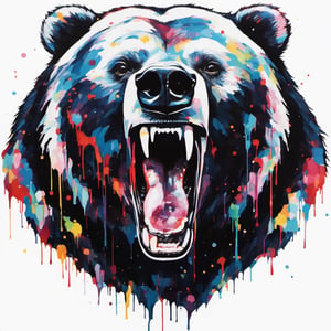 Grizzly bear, multiple colours dripping paint, blood dripping from teeth, Colourful cat 