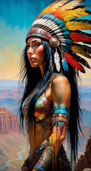 Please create a masterpiece,  stunning beauty,  perfect face,  Long Black hair, light_brown_eyes, epic love,  Slave to the machine,  full-body,  standing on rocks overlooking valley below, hyper-realistic oil painting,  vibrant colors,  native american war bonnet,  biopunk,  cyborg by Peter Gric,  Hans Ruedi Giger,  Marco Mazzoni,  dystopic,  golden light,  perfect composition,  multiple colours dripping paint,  