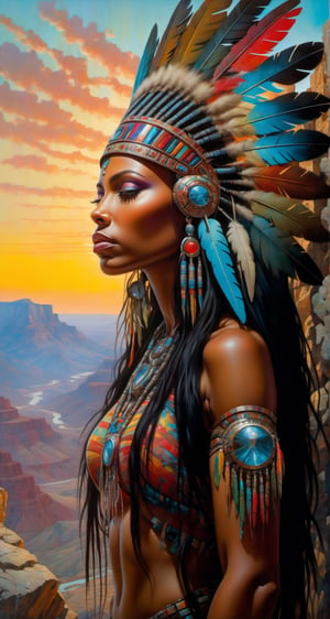 Please create a masterpiece,  stunning beauty,  African American woman, perfect face,  Long Black hair, light_brown_eyes, epic love,  Slave to the machine,  full-body,  standing on rocks overlooking valley below, hyper-realistic oil painting,  vibrant colors,  native american war bonnet,  biopunk,  cyborg by Peter Gric,  Hans Ruedi Giger,  Marco Mazzoni,  dystopic,  golden light,  perfect composition,  multiple colours dripping paint,  