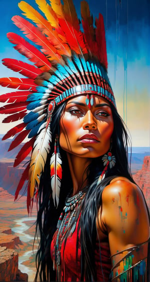 Please create a masterpiece,  stunning beauty,  athletic build, Dark brown skin, perfect face,  Long black hair with red tips, Light_brown_eyes, epic love,  Slave to the machine,  full-body,  Standing_on_rocks, overlooking valley below, hyper-realistic oil painting,  vibrant colors,  long flowing native american war bonnet,  biopunk,  cyborg by Peter Gric,  Hans Ruedi Giger,  Marco Mazzoni,  dystopic,  golden light,  perfect composition,  multiple colours dripping paint,  
