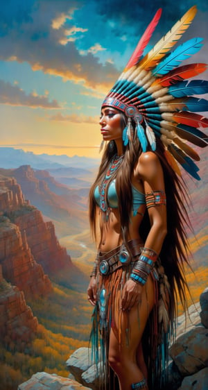 Please create a masterpiece,  stunning beauty,  light brown skin, perfect face,  Long brown hair, Light_Brown_eyes, epic love,  Slave to the machine,  full-body,  Standing_on_rocks, overlooking valley below, hyper-realistic oil painting,  vibrant colors,  native american war bonnet,  biopunk,  cyborg by Peter Gric,  Hans Ruedi Giger,  Marco Mazzoni,  dystopic,  golden light,  perfect composition,  multiple colours dripping paint,  
