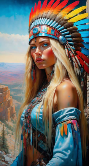 Please create a masterpiece,  stunning beauty,  perfect face,  Long Blonde hair, light_blue_eyes, epic love,  Slave to the machine,  full-body,  standing on rocks overlooking valley below, hyper-realistic oil painting,  vibrant colors,  native american war bonnet,  biopunk,  cyborg by Peter Gric,  Hans Ruedi Giger,  Marco Mazzoni,  dystopic,  golden light,  perfect composition,  multiple colours dripping paint,  