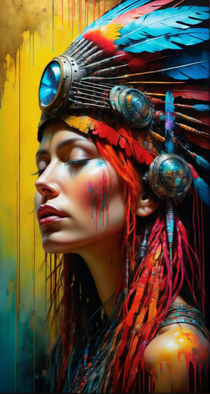 Please create a masterpiece,  stunning beauty,  perfect face,  epic love,  Slave to the machine,  full-body,  hyper-realistic oil painting,  vibrant colors,  Body horror,  wires,   ,  native american war bonnet,  biopunk,  cyborg by Peter Gric,  Hans Ruedi Giger,  Marco Mazzoni,  dystopic,  golden light,  perfect composition,  multiple colours dripping paint,  