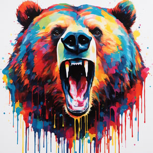 Grizzly bear, multiple colours dripping paint, blood dripping from teeth, Colourful cat 