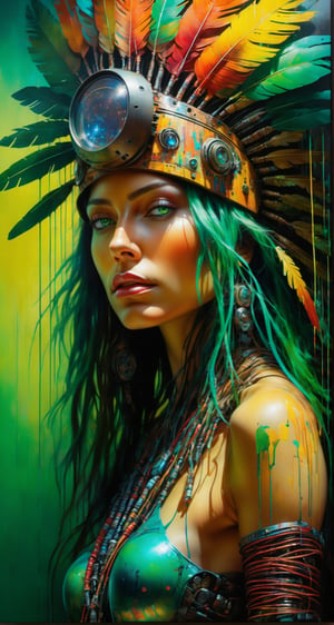 Please create a masterpiece,  stunning beauty,  perfect face, green eyes, epic love,  Slave to the machine,  full-body,  hyper-realistic oil painting,  vibrant colors,  Body horror,  wires,   ,  native american war bonnet,  biopunk,  cyborg by Peter Gric,  Hans Ruedi Giger,  Marco Mazzoni,  dystopic,  golden light,  perfect composition,  multiple colours dripping paint,  