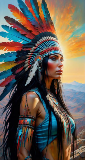 Please create a masterpiece,  stunning beauty,  perfect face,  Long Black hair, light_brown_eyes, epic love,  Slave to the machine,  full-body,  standing on rocks overlooking valley below, hyper-realistic oil painting,  vibrant colors,  native american war bonnet,  biopunk,  cyborg by Peter Gric,  Hans Ruedi Giger,  Marco Mazzoni,  dystopic,  golden light,  perfect composition,  multiple colours dripping paint,  