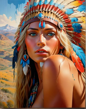 Please create a masterpiece,  stunning beauty,  femine, athletic build, tanned skin, perfect face, freckles, Long bllonde hair, Light_blue_eyes, epic love,  Slave to the machine,  head and shoulders, peering over jer shoulder, overlooking valley below, hyper-realistic oil painting,  vibrant colors,  long flowing native american war bonnet,   golden light,  perfect composition,  multiple colours dripping paint,  