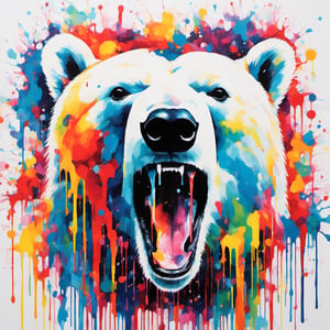 Polar bear, multiple colours dripping paint, blood dripping from teeth, Colourful cat 
