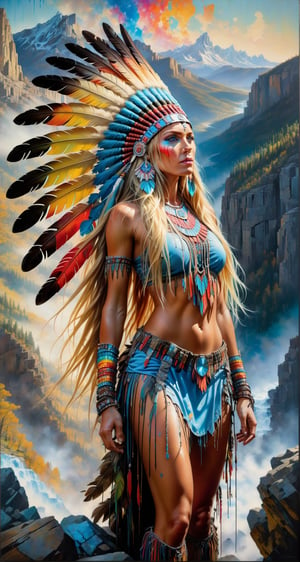 Please create a masterpiece,  stunning beauty,  athletic build, tanned skin, perfect face, freckles, Long blonde hair, Light_blue_eyes, epic love,  Slave to the machine,  full-body,  Standing_on_rocks, overlooking valley below, hyper-realistic oil painting,  vibrant colors,  long flowing native american war bonnet,  biopunk,  cyborg by Peter Gric,  Hans Ruedi Giger,  Marco Mazzoni,  dystopic,  golden light,  perfect composition,  multiple colours dripping paint,  