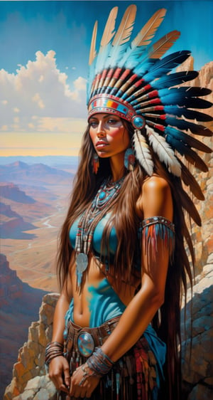 Please create a masterpiece,  stunning beauty,  light brown skin, perfect face,  Long brown hair, Light_Brown_eyes, epic love,  Slave to the machine,  full-body,  Standing_on_rocks, overlooking valley below, hyper-realistic oil painting,  vibrant colors,  native american war bonnet,  biopunk,  cyborg by Peter Gric,  Hans Ruedi Giger,  Marco Mazzoni,  dystopic,  golden light,  perfect composition,  multiple colours dripping paint,  